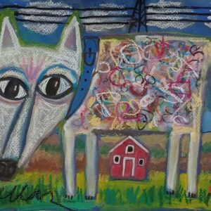 Joy Della's abstract painting of dog and barn in the distance. Colorful and cute.