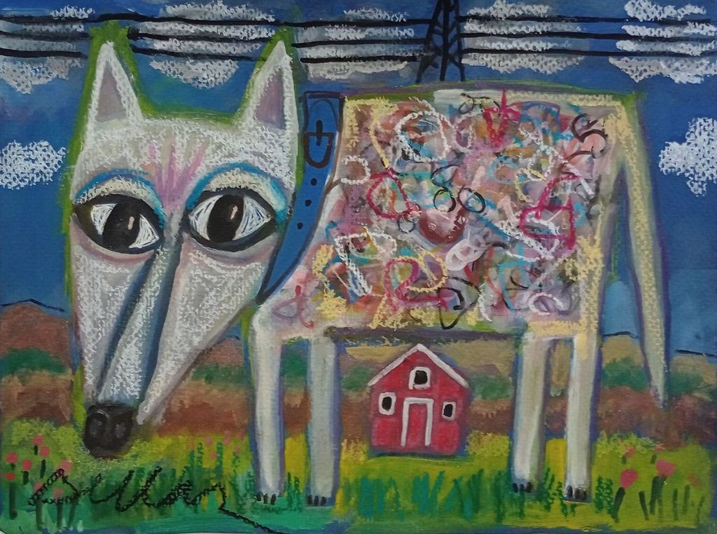 Joy Della's abstract painting of dog and barn in the distance. Colorful and cute.
