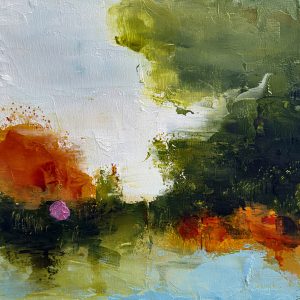 Lois Donaghey's abstract painting oil and cold wax medium on panel in shades of green, blue-grey and oranges