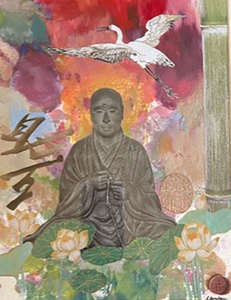 Linda Donahue's sitting Buddha with White Egret flying overhead