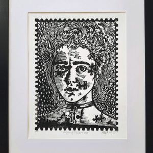 Kelly Grimsley's Linoleum block black & white print with water-based ink of a woman's face with puzzle pieces and a lock