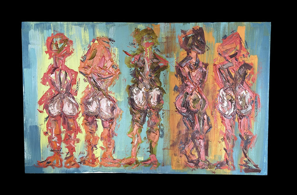 Doug Hasting's abstract oil painting of the backsides of 5 human figures. Reds, whites, yellows, browns on blue background.