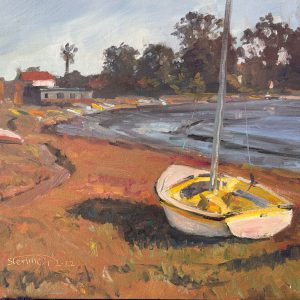 Sterling Hoffmann's oil painting of a little yellow Lido beached on the shore