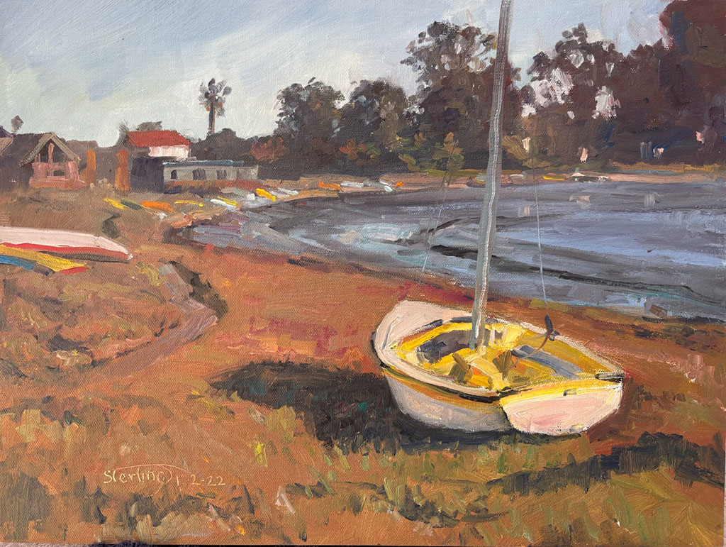 Sterling Hoffmann's oil painting of a little yellow Lido beached on the shore