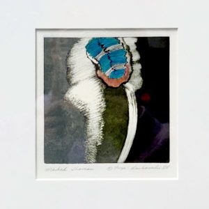 Inya Laskowski's masked shaman monotype, black, white and teal image on black background