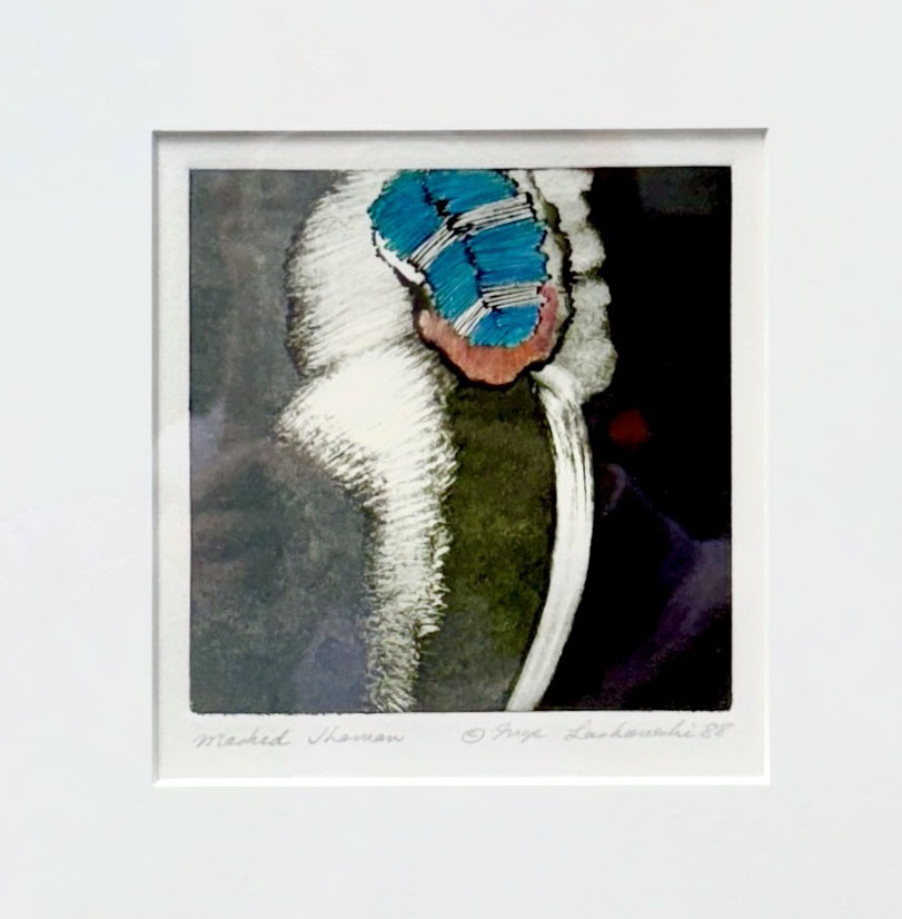 Inya Laskowski's masked shaman monotype, black, white and teal image on black background