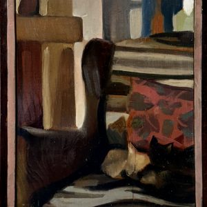 James Zimmerman's painting of a black cat curled up on a striped chair
