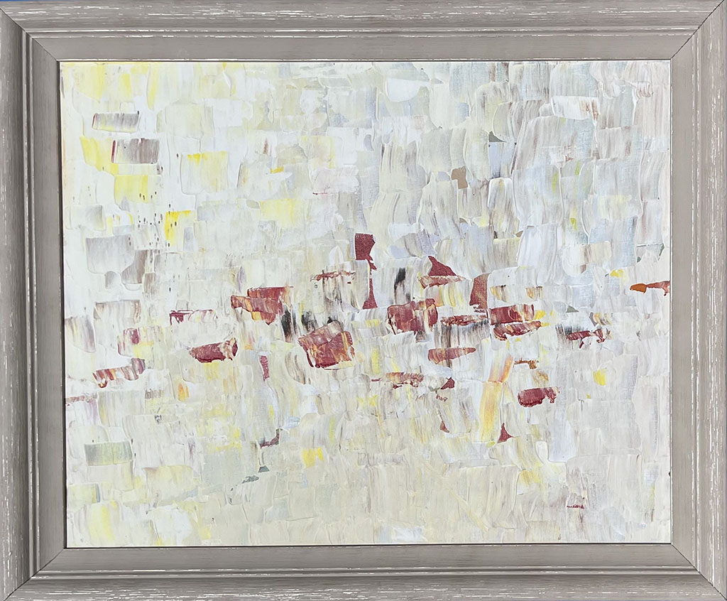 Judiyaba's abstract painting in yellows, whites, grey with a touch of red