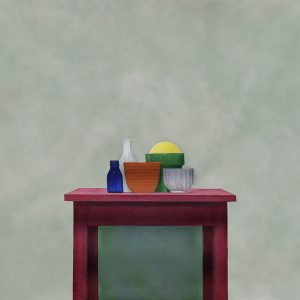 Kenneth Pelletier's painting of Things on a Red Table depicting 3 bowls and 2 vases resting upon a red table with greyish green background.