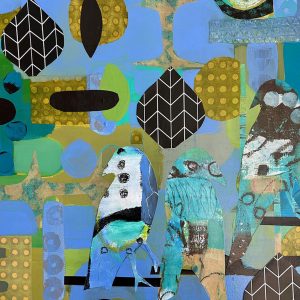 Patricia Marina's abstract acrylic and paper on canvas collage in blues, greens, white depicting leaves and other inanimate objects.
