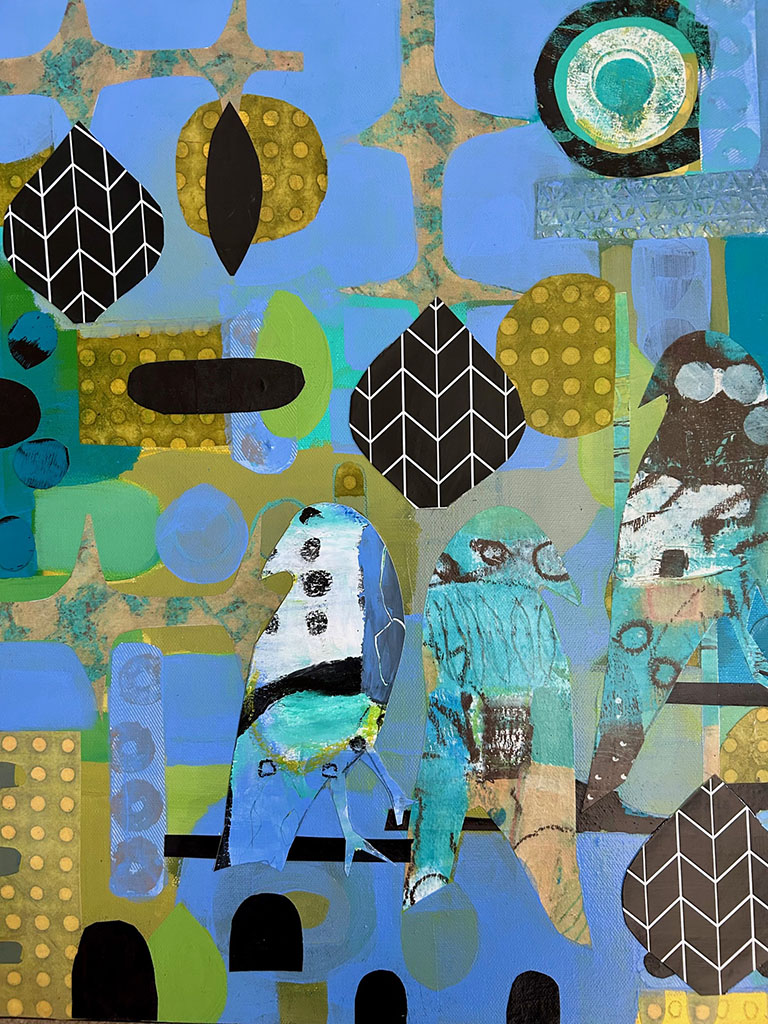 Patricia Marina's abstract acrylic and paper on canvas collage in blues, greens, white depicting leaves and other inanimate objects.