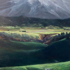 Barbara Medaille's oil on canvas painting of the Arkansas Valley, Colorado. In greens with grey/white mountains in the background