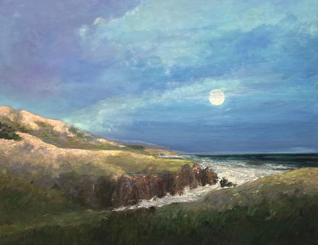 Barbara Medaille's oil painting of full moon in cloudy sky setting over ocean bluff