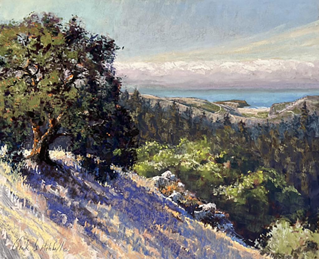 Clark Mitchell's original painting in pastels. From an old guardian oak tree on Pole Mountain, the highest point on the Sonoma County coast, the viewer looks down across wooded hillsides to the coast far below at Jenner Headlands Preserve. On this sunny morning, coastal fog is held out at sea.