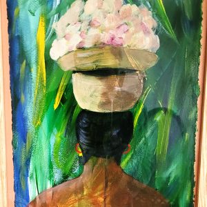 Milagros Owen's painting of the back of a peanut lady wearing a hat