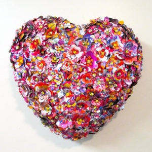 Erinn Pavese's colorful heart sculpture made from upcycled aluminum drink cans