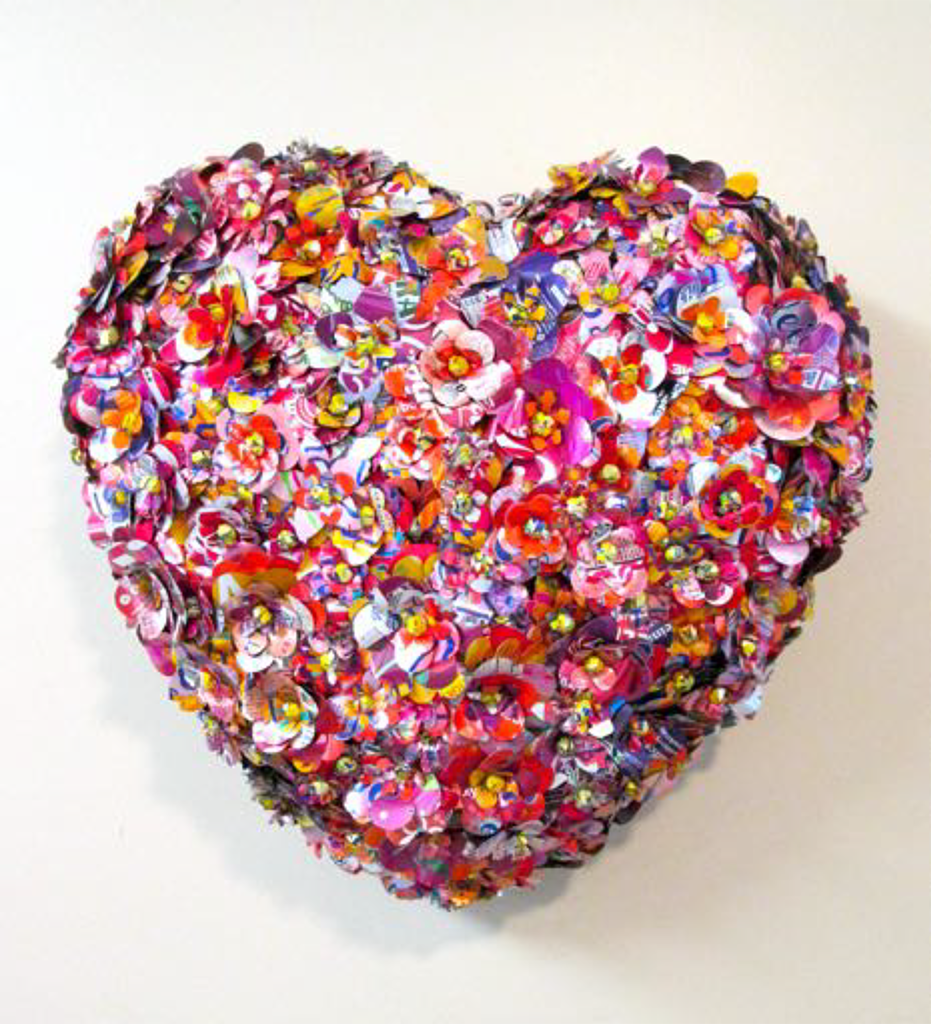 Erinn Pavese's colorful heart sculpture made from upcycled aluminum drink cans