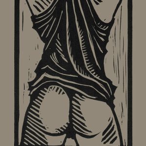 Peter Jaret & Steen Peterson's Tee & Buns "Tee & Buns" is part of a linocut series featuring male figures. This image is black buns with black t-shirt on cream colored paper