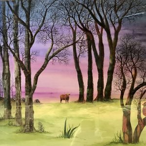 Elizabeth Peyton's newspaper collage of a bull in a green pasture between starkly bare trees.