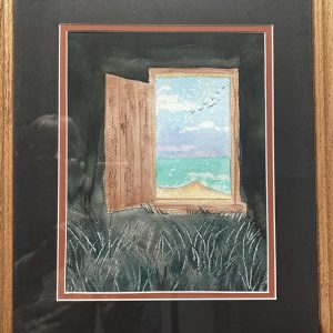Andra Sanberg's watercolor painting of seashore scene viewed through an open window