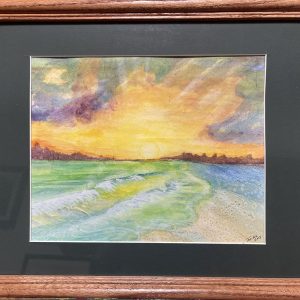 Andra Sandberg's watercolor painting of sun rising over ocean