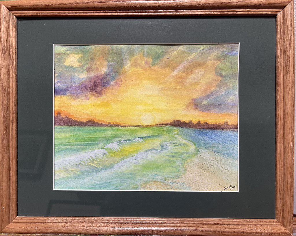 Andra Sandberg's watercolor painting of sun rising over ocean