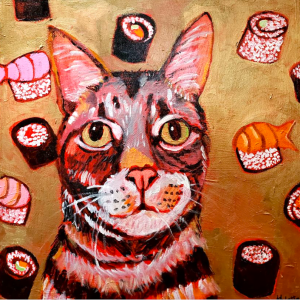 Mylette Welch's colorful painting of stripped cat surrounded by sushi.