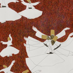 MC Carolyn's painting of white whirling dervishes on a red and black background