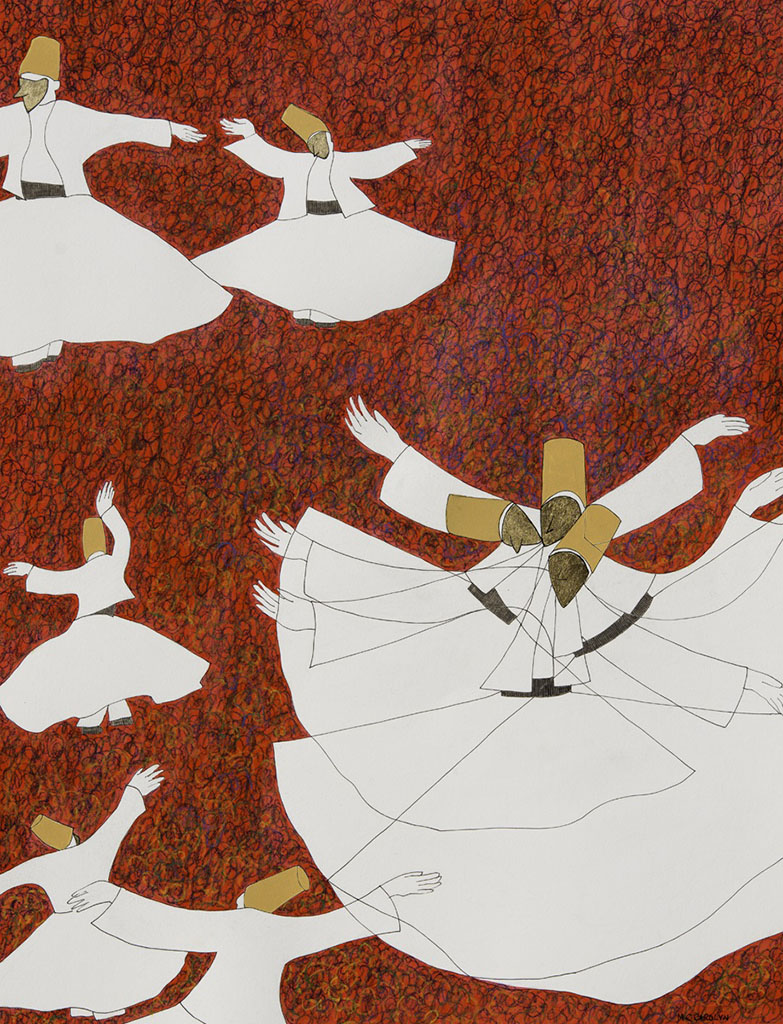 MC Carolyn's painting of white whirling dervishes on a red and black background