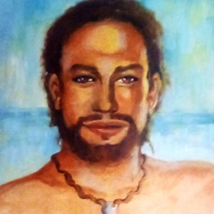Andrea Cleall's portrait of young Hawaiian man with beard and necklace on blue background