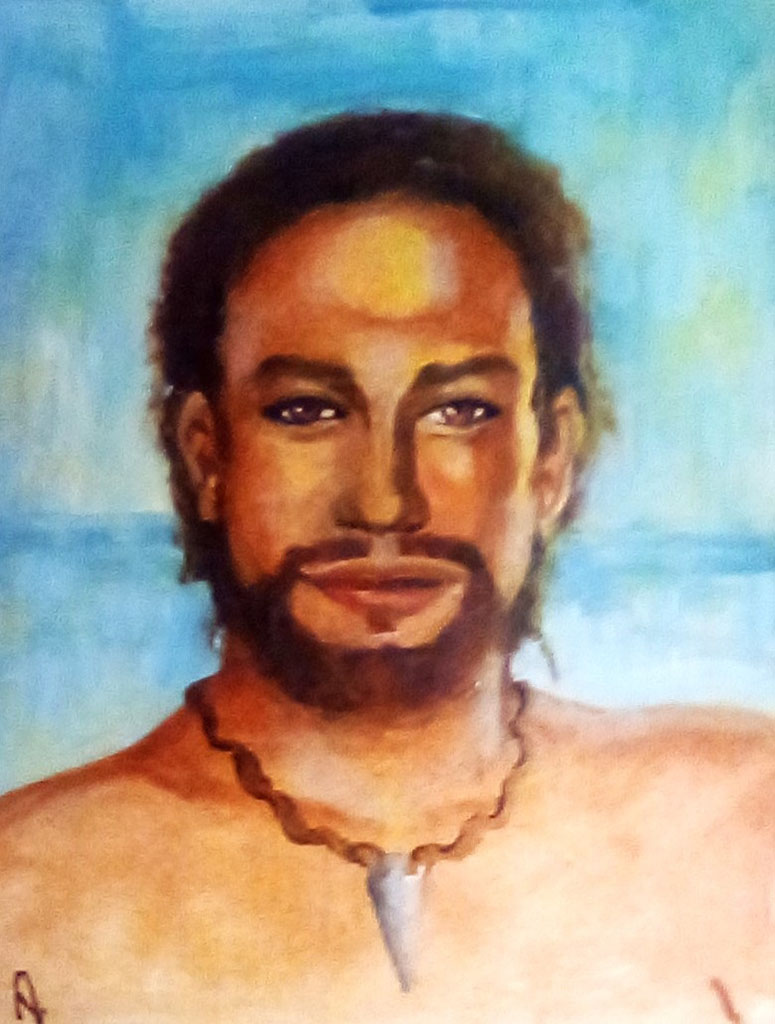 Andrea Cleall's portrait of young Hawaiian man with beard and necklace on blue background