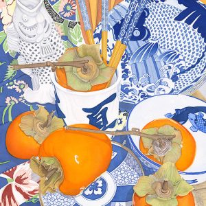 Sally Baker's giclee print of an original watercolor depicting persimmons and blue oriental inspired dishes