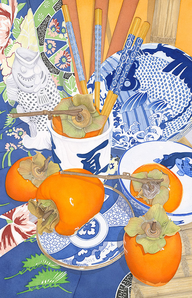 Sally Baker's giclee print of an original watercolor depicting persimmons and blue oriental inspired dishes