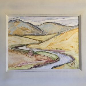 Michelle Bellefeuille's oil painting of stream meandering through golden hills