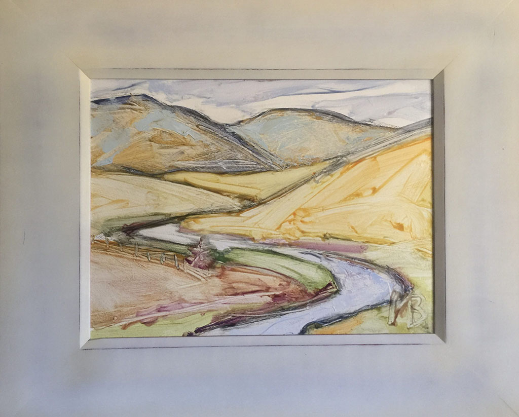 Michelle Bellefeuille's oil painting of stream meandering through golden hills