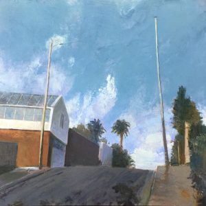 DA Bishop's oil on metal panel painting of Prospect Street Hill looking up the street at the hill with brown garage with white roof on the left side