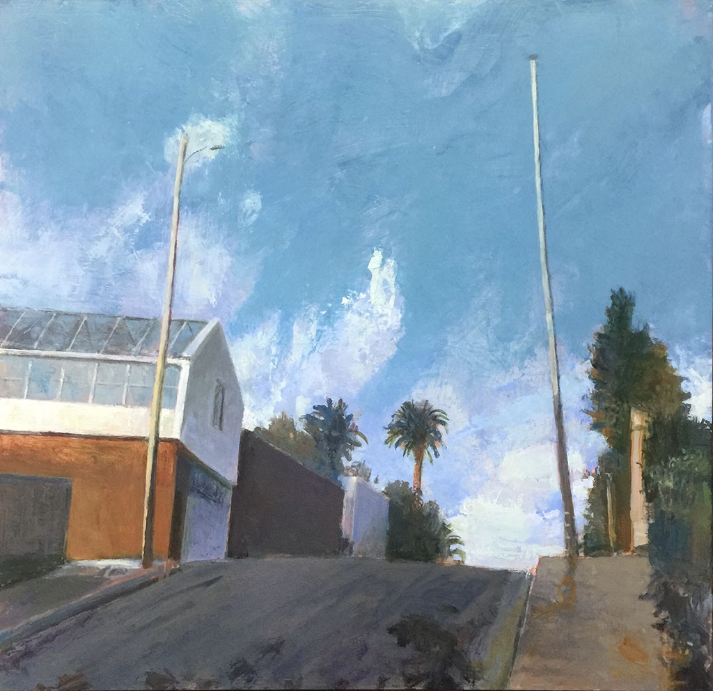 DA Bishop's oil on metal panel painting of Prospect Street Hill looking up the street at the hill with brown garage with white roof on the left side