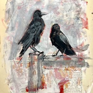 Monica Bryant's mixed media drawing of crows over an old book page. Two black crows on perch with white, beige, cream background