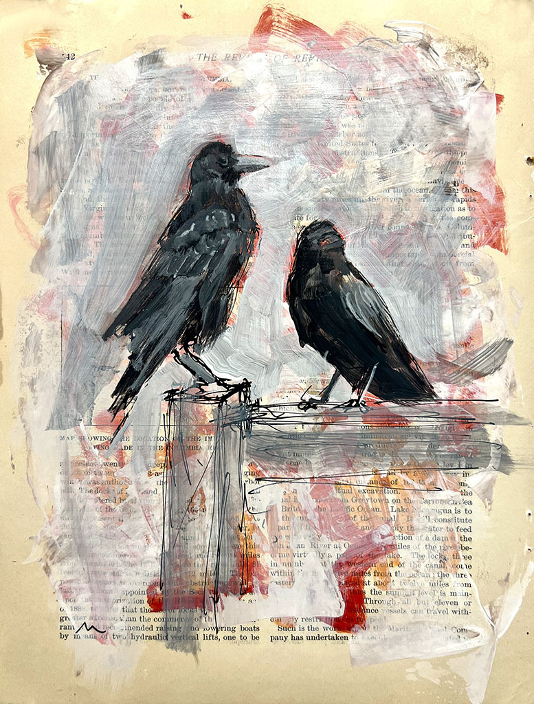 Monica Bryant's mixed media drawing of crows over an old book page. Two black crows on perch with white, beige, cream background