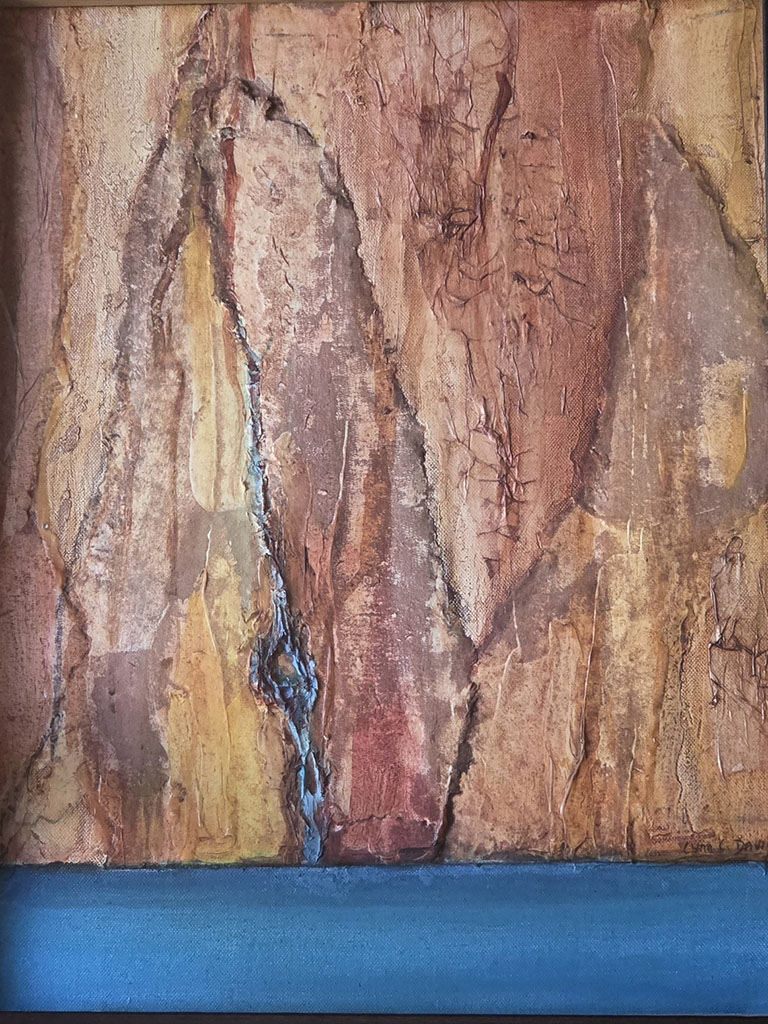 Lynn C Davis' abstract of canyon walls in shades of pink, golds, browns vertically layered