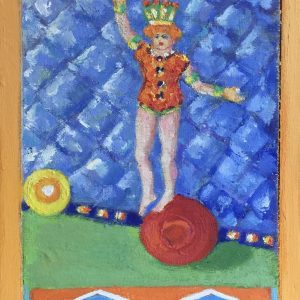Tamsen Donner's oil on panel painting with female acrobat balancing on red ball. Background is blue