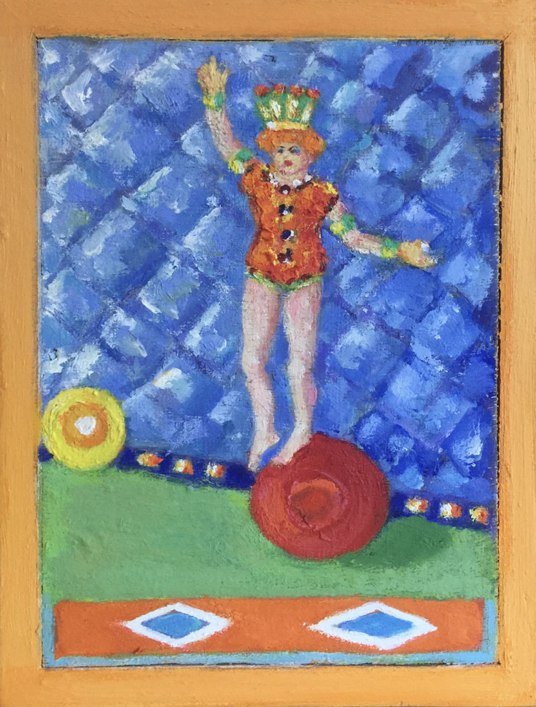 Tamsen Donner's oil on panel painting with female acrobat balancing on red ball. Background is blue