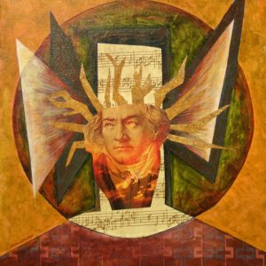 Simmon Factor's homage to Beethoven, depicting Beethoven's face surrounded by various shapes and sizes in golds, browns and yellows