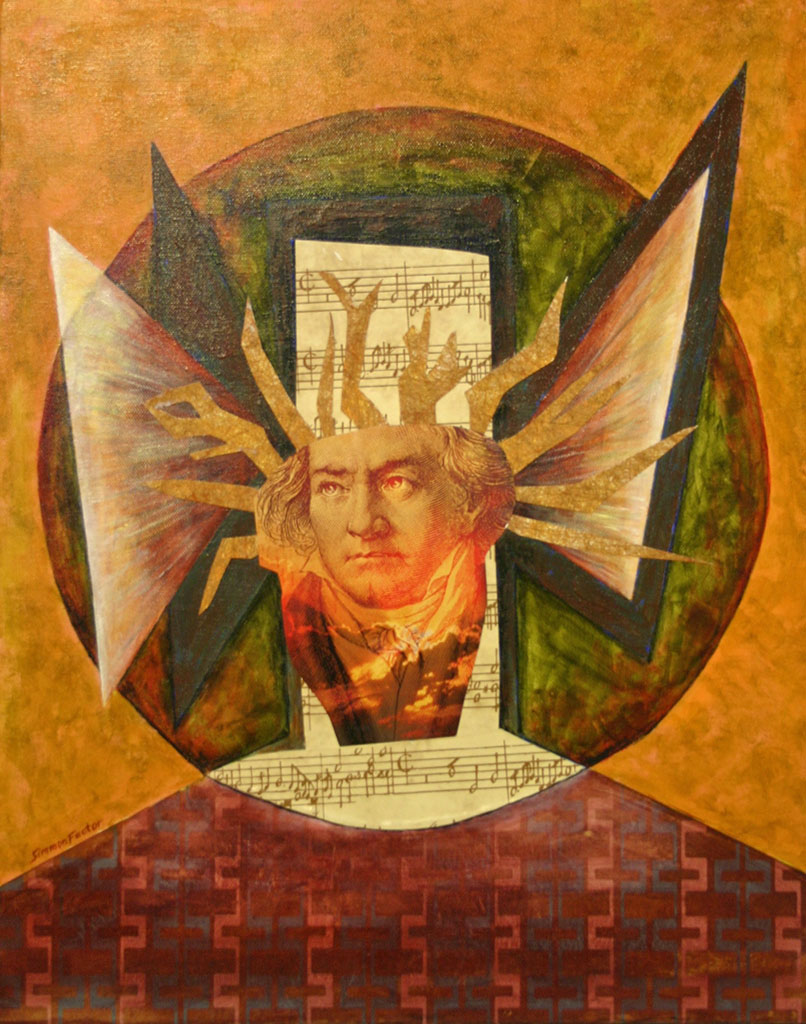 Simmon Factor's homage to Beethoven, depicting Beethoven's face surrounded by various shapes and sizes in golds, browns and yellows