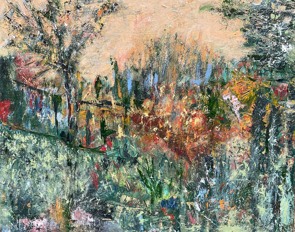 Martha Baine Hart's acrylic abstract painting of backyard in greens, blues with a cloud of pinkish tan