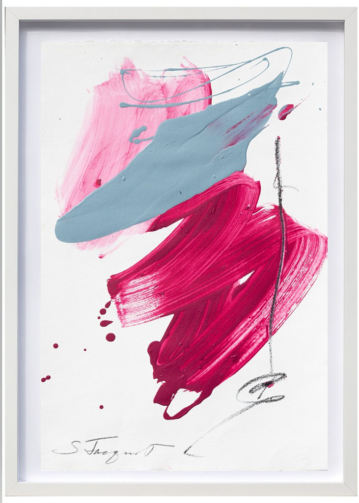 Suzanne Jacquot abstract acrylic painting of pink, blue-grey and red brush strokes on white background