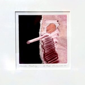 Inya Laskowski's reaching shaman monotype and pastel in pinks, dark pink with solid black left side