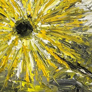 Jon Leafstedt's oil painting of abstract flower burst in yellows, whites and grey-greens