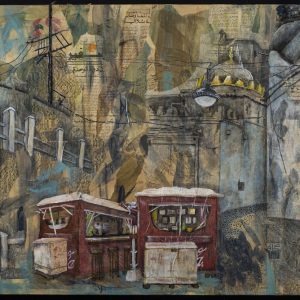 Christie Mark's Drawing, painting, and collage over brown paper bags in browns, golds and light blues