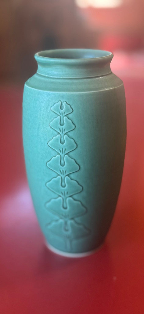 Mikio Matsumoto green porcelain hand-carved vase